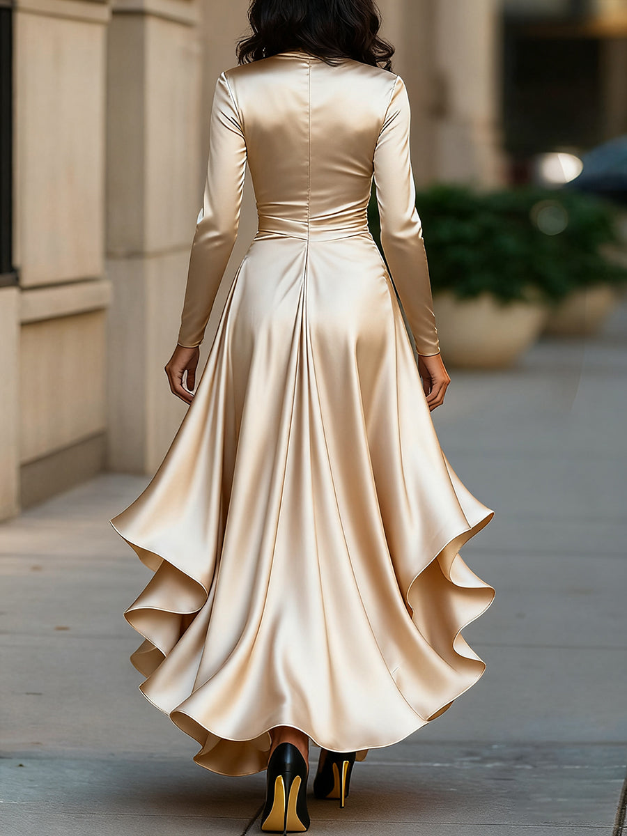 Midnight Blue Draped Satin Maxi Dress With Ruffle Details