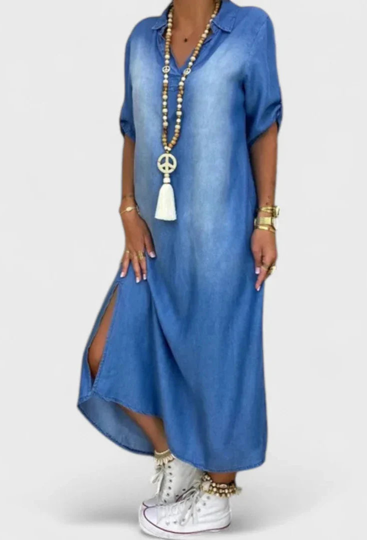 Lea | Abito Lungo in Denim con Spacco Laterale