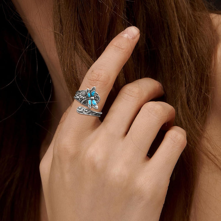 Anello cucchiaio in argento sterling con turchese – Anello vintage boho con libellula