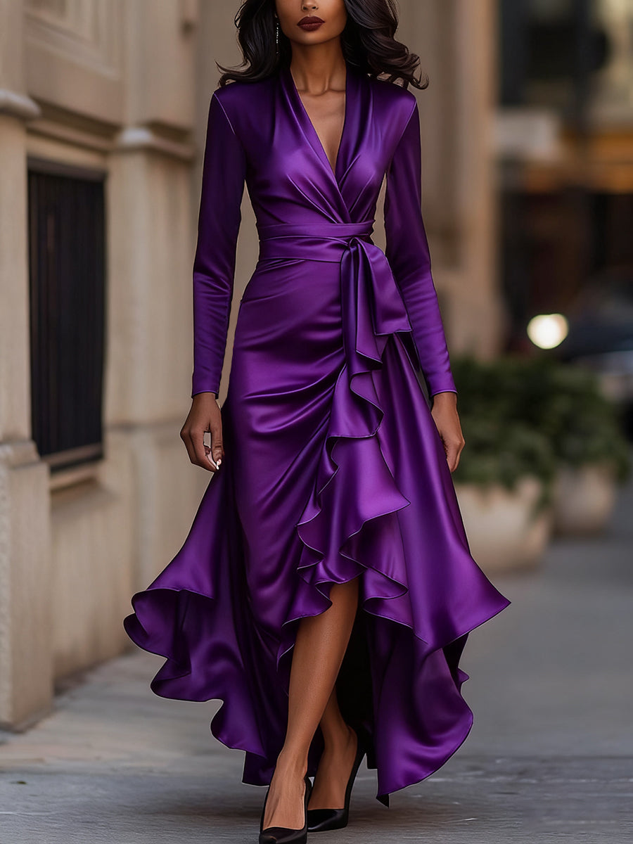 Midnight Blue Draped Satin Maxi Dress With Ruffle Details