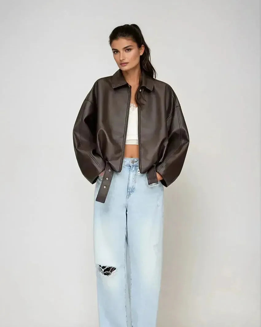 Arvella™ I Wegańska kurtka skórzana z paskiem