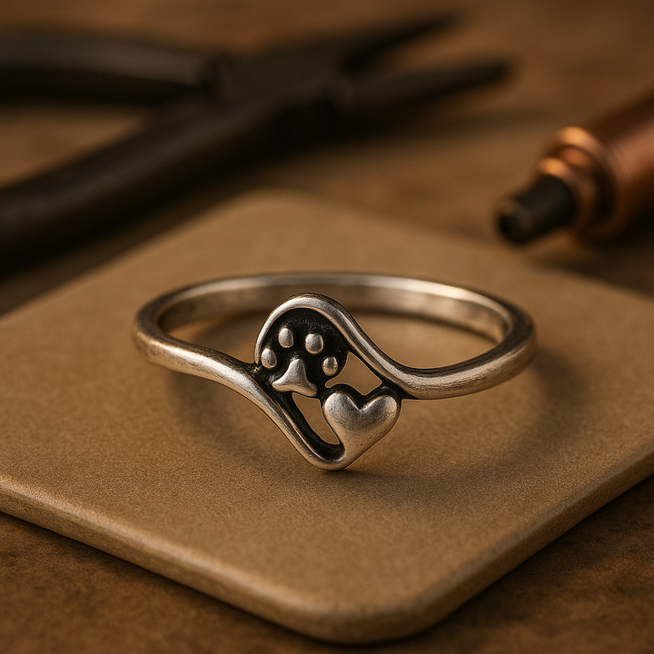 Vintage pierścionek srebrny z odciskiem łapy i motywem serca