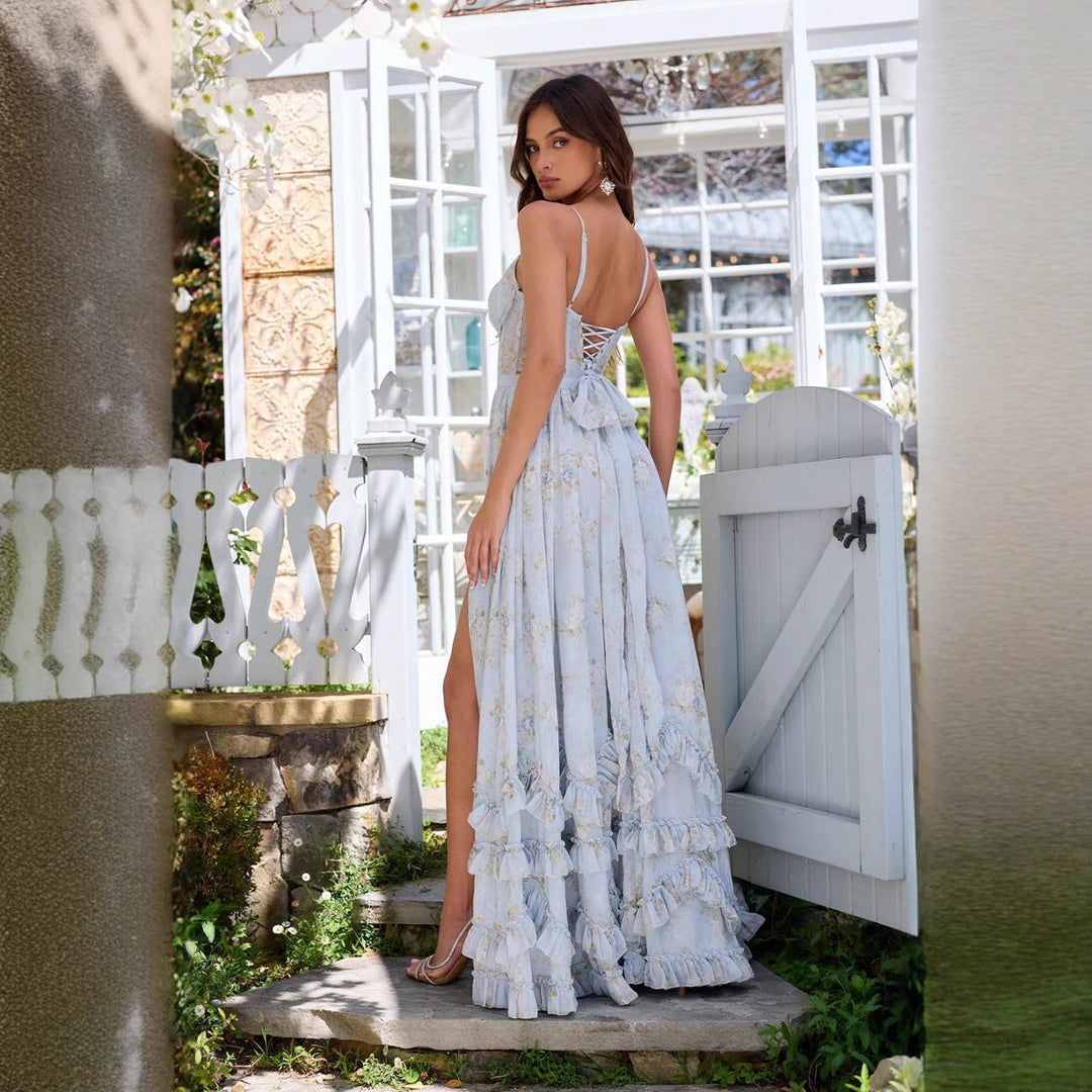 FREJA ABITO | Abito lungo con stampa floreale, volant e spacco