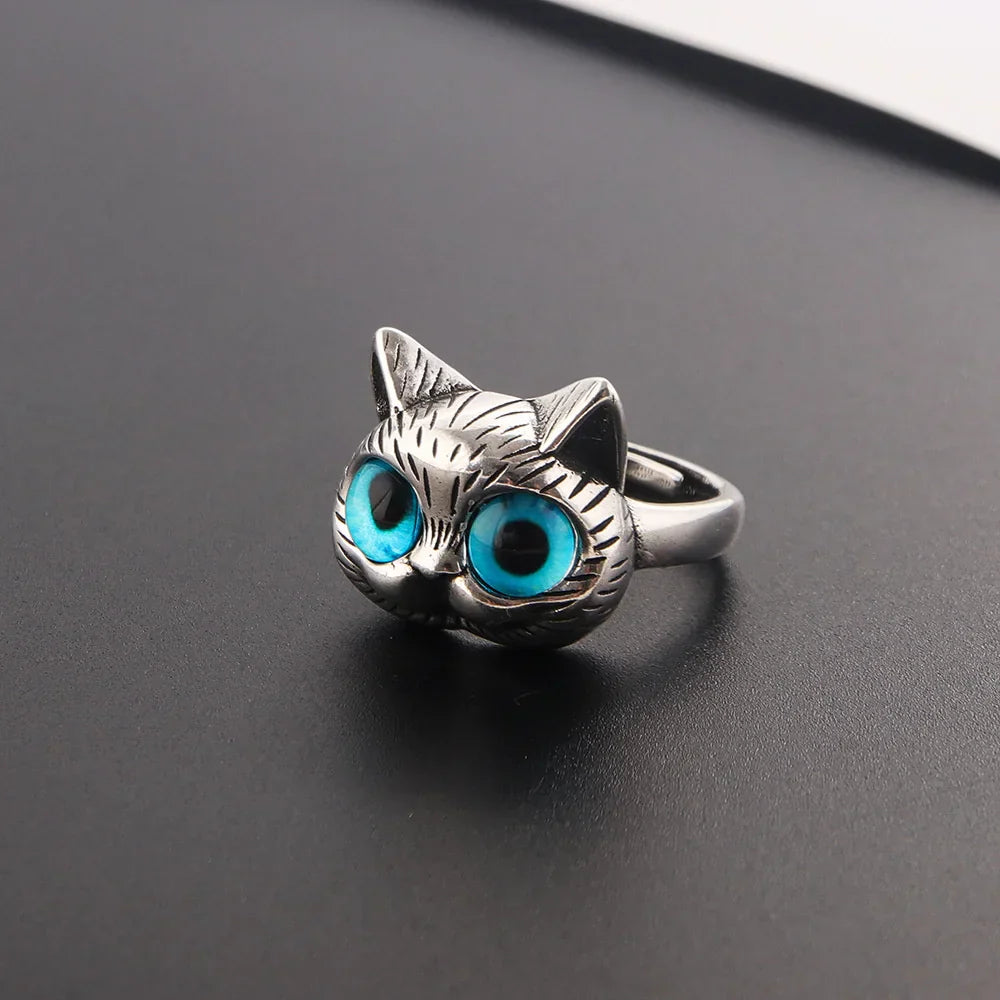 Anello con gatto dagli occhi blu – Anello vintage giocoso in argento con animale per gli amanti dei gatti