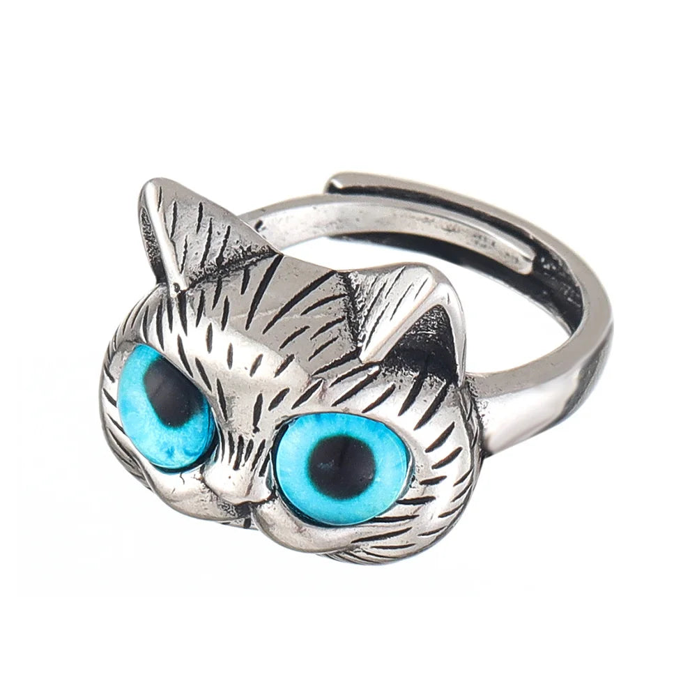 Anello con gatto dagli occhi blu – Anello vintage giocoso in argento con animale per gli amanti dei gatti