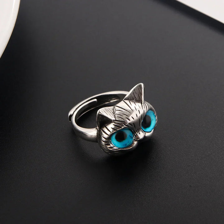 Anello con gatto dagli occhi blu – Anello vintage giocoso in argento con animale per gli amanti dei gatti