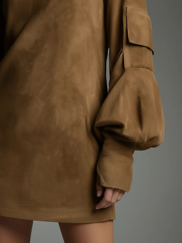 Abito Mini in Suede Vintage con Collo Alto