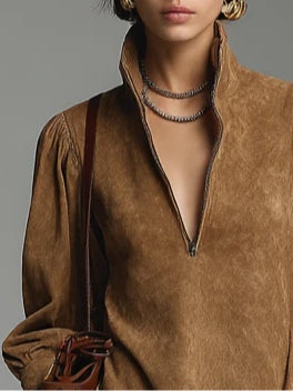 Mini Abito in Camoscio Marrone con Zip e Collo Alto