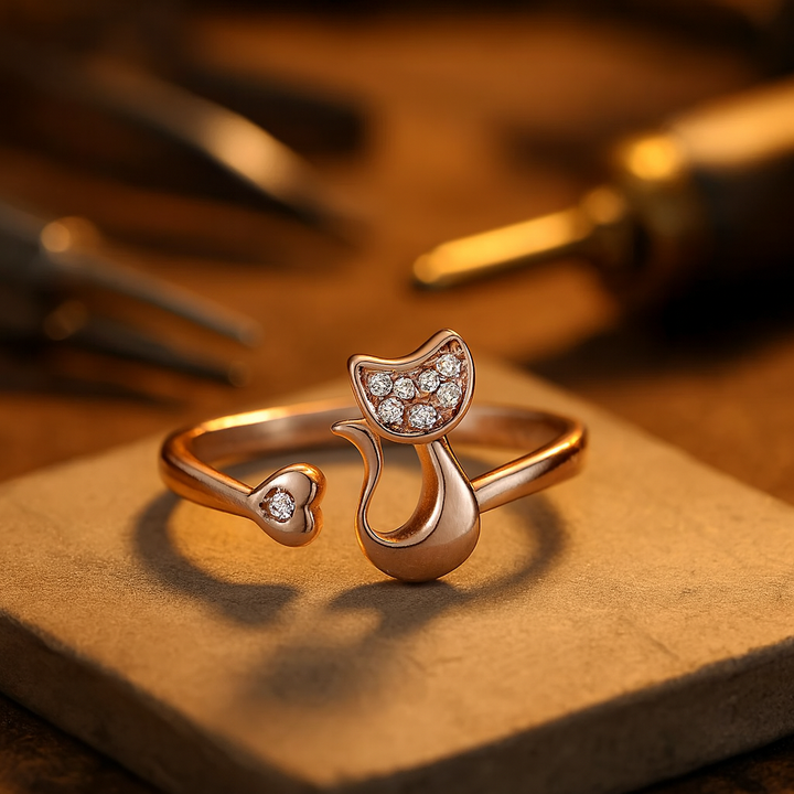 Anello aperto con gatto carino – Zirconi