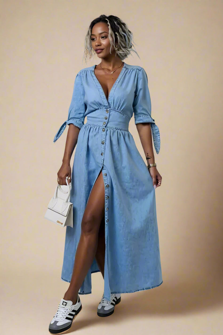 Celina Abito | Abito lungo in denim con bottoni e vita segnata