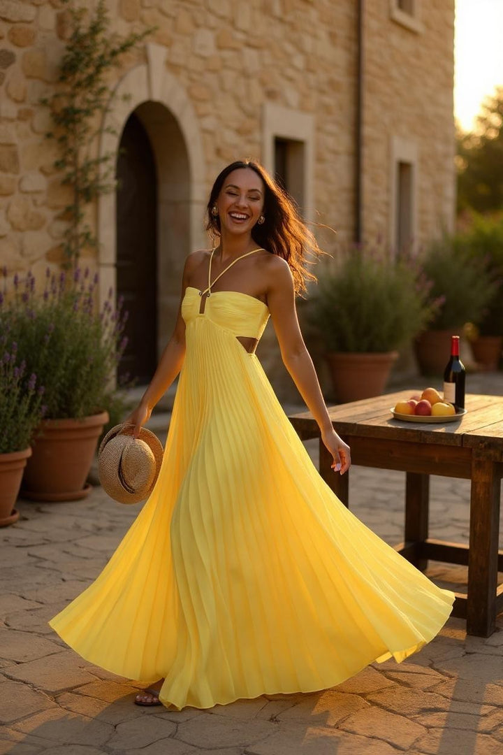 SOFIE ABITO | Lungo abito plissettato con spalline incrociate e busto strutturato